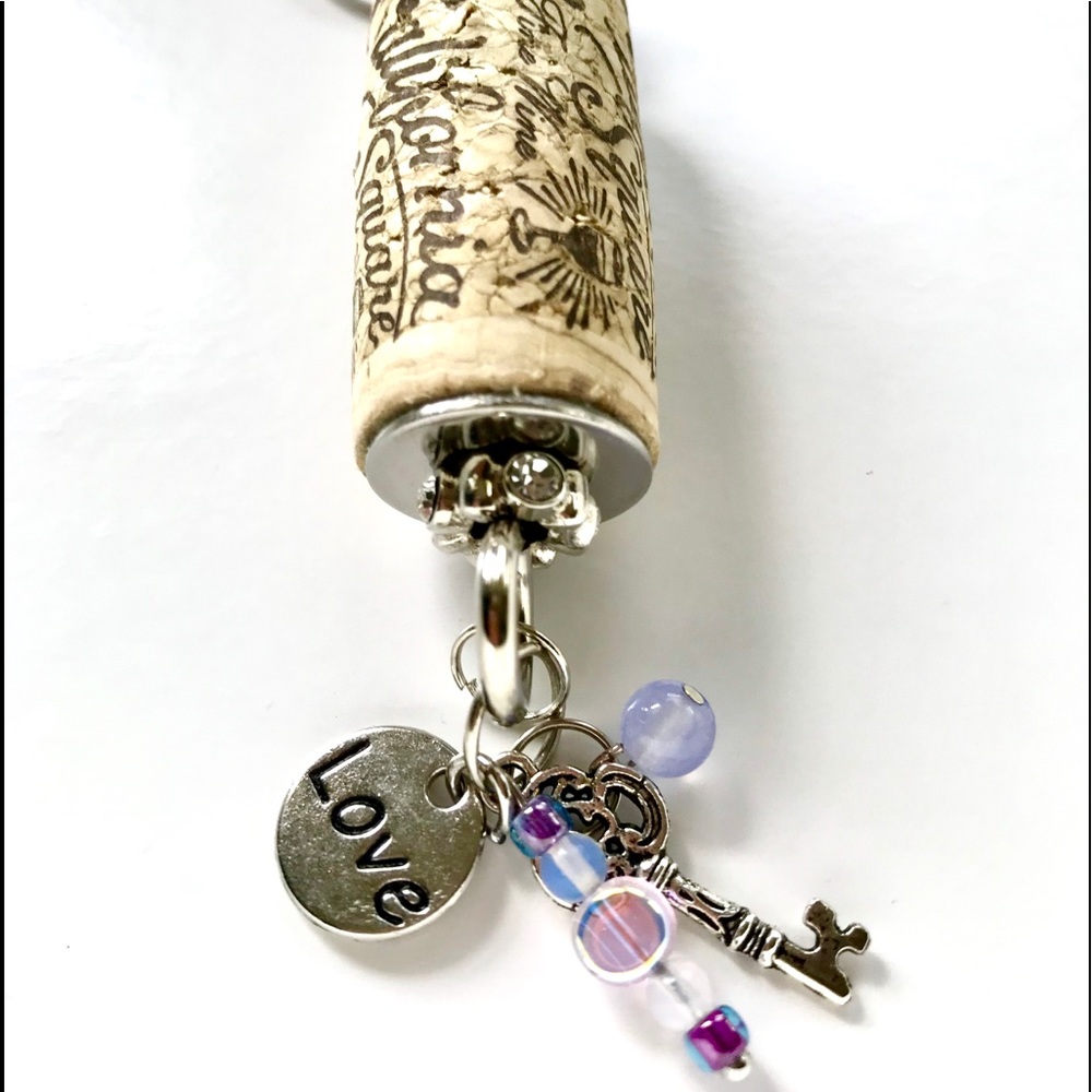 Floating wine cork keychain with love charm